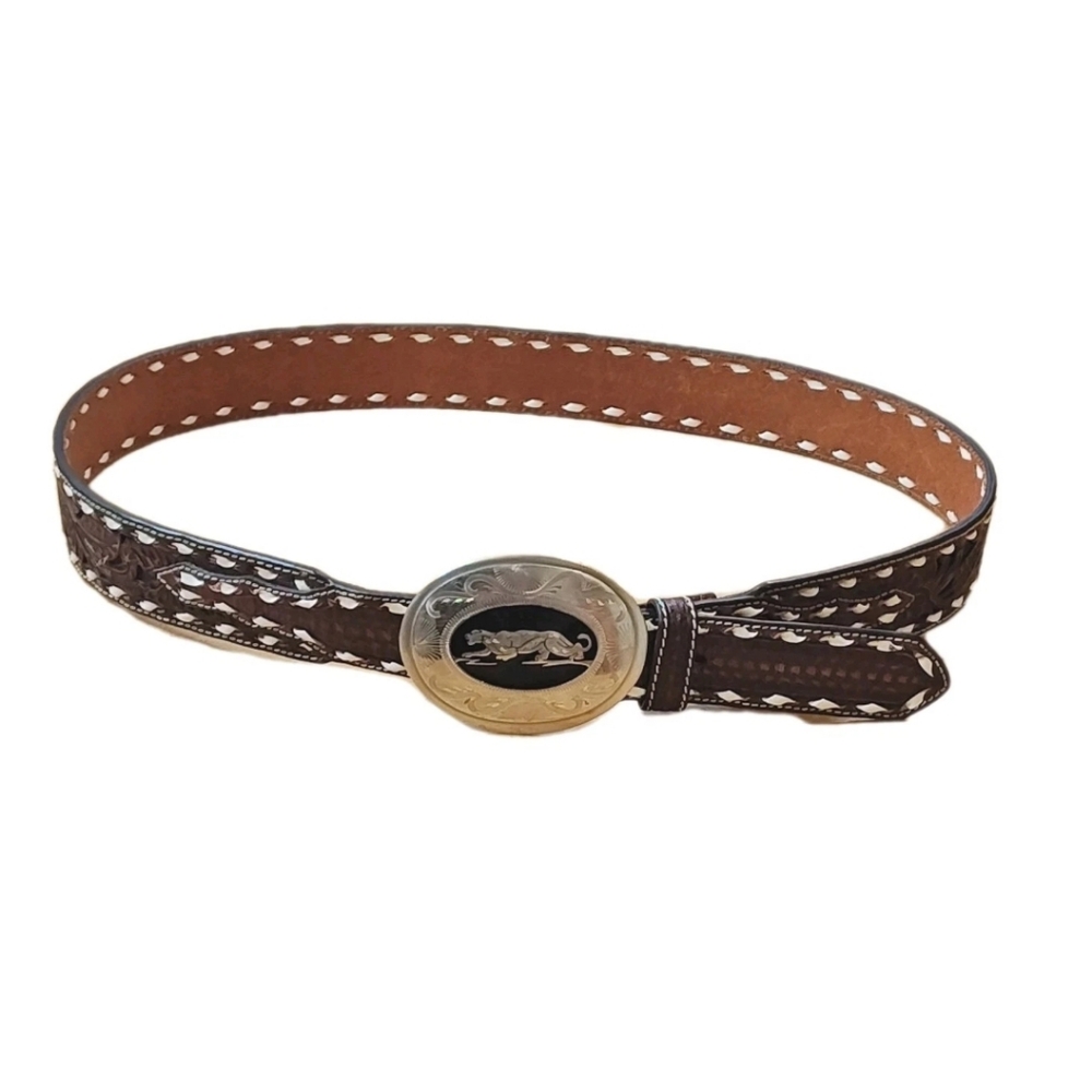 Vtg Ariat Brown Leather Belt Handmade Silver Jaguar Onyx Buckle Men 44-48" W1.5"